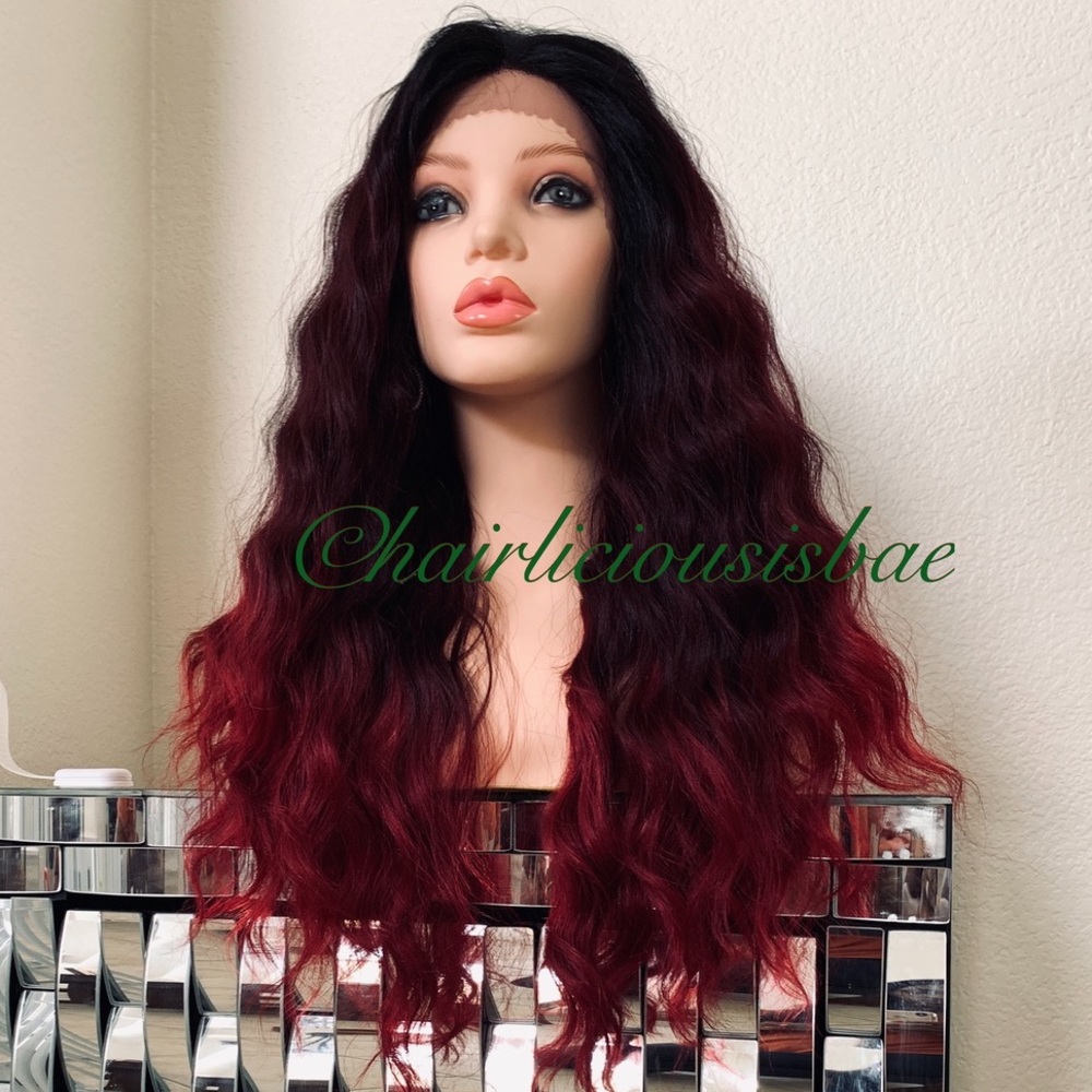 Red burgundy wig ombré lace front wavy 24” long